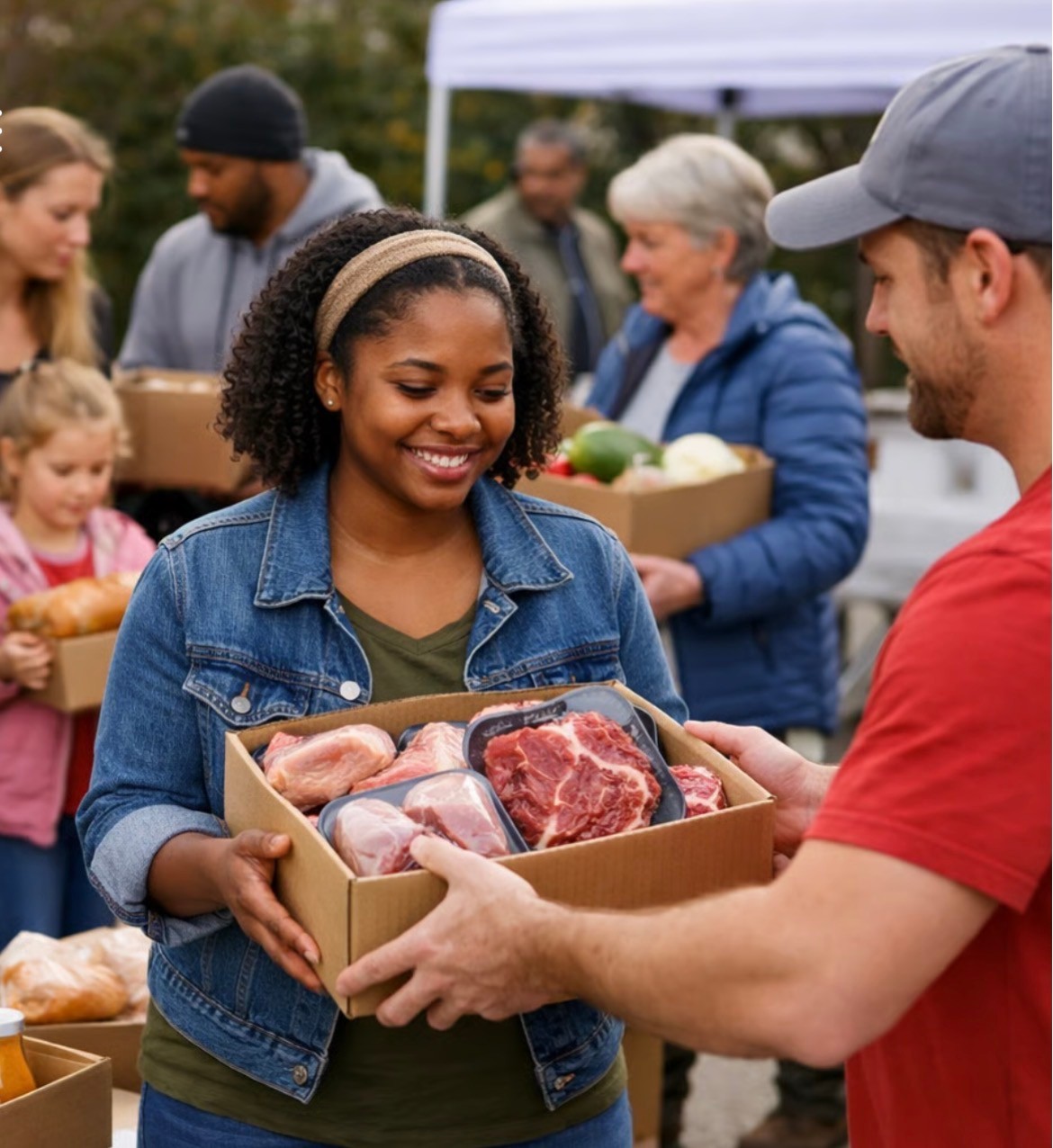 Volunteers helping neighbors with a box of groceries at an outdoor community food distribution